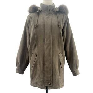 St John's Bay Faux Suede Hooded Jacket Fur Trim Women's Small Taupe Brown
